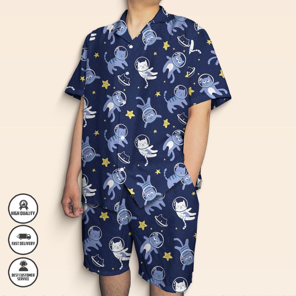 Space Cat Hawaiian Shirt & Shorts Set, Funny Galaxy Cat Button-Up Outfit