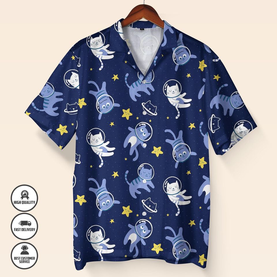 Space Cat Hawaiian Shirt & Shorts Set, Funny Galaxy Cat Button-Up Outfit