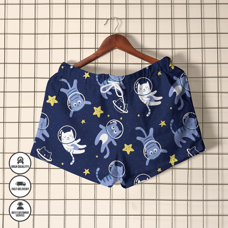 Space Cat Hawaiian Shirt & Shorts Set, Funny Galaxy Cat Button-Up Outfit