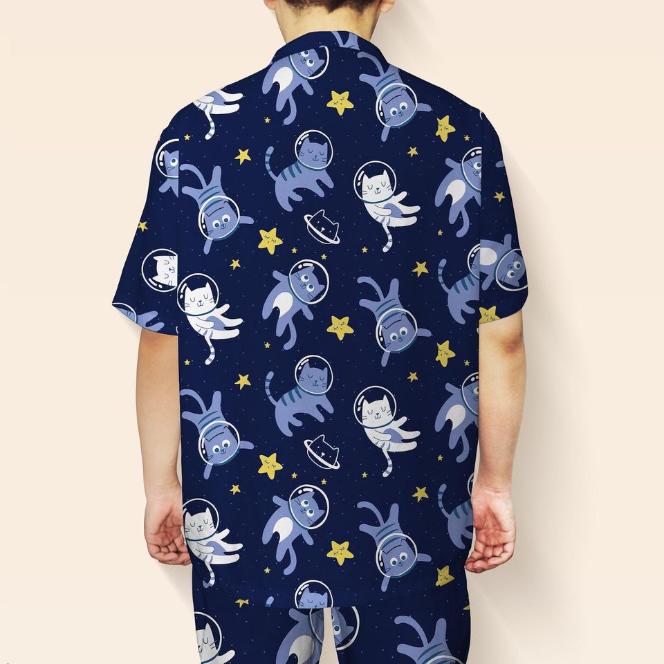 Space Cat Hawaiian Shirt & Shorts Set, Funny Galaxy Cat Button-Up Outfit