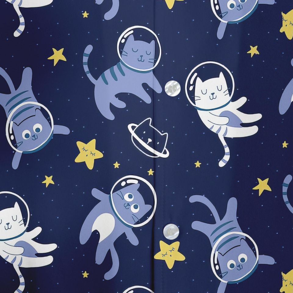 Space Cat Hawaiian Shirt & Shorts Set, Funny Galaxy Cat Button-Up Outfit