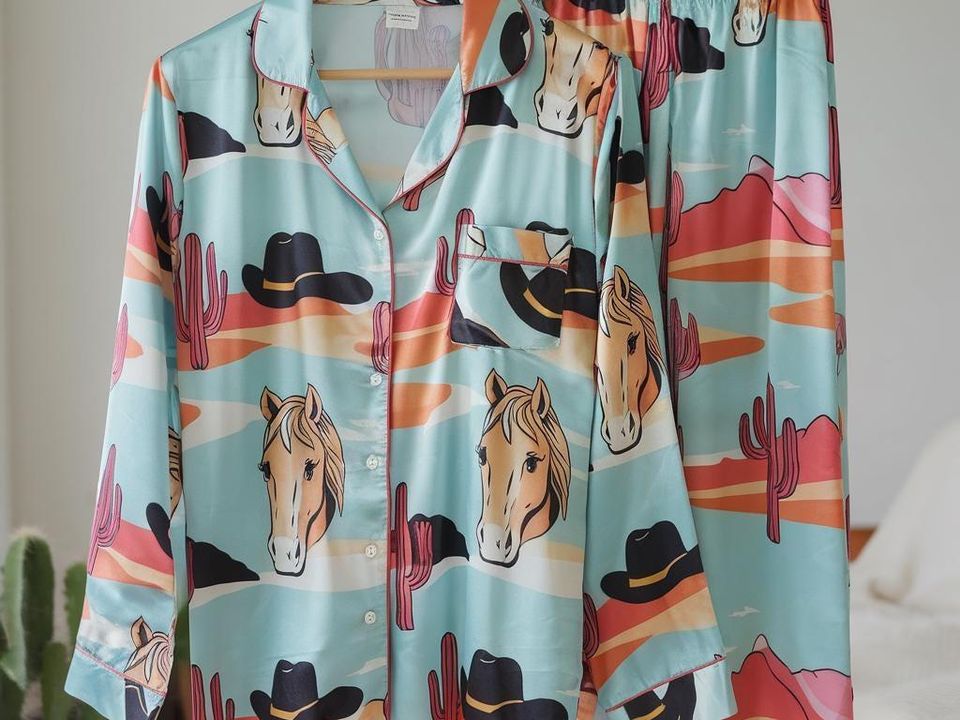 Sweet Cowgirl Satin Pajamas Set, Cowgirl Pajamas, Cowboots and Horse Pajamas, Western Pajamas, Cowboy Pajamas, Girly Matching Pajamas Set