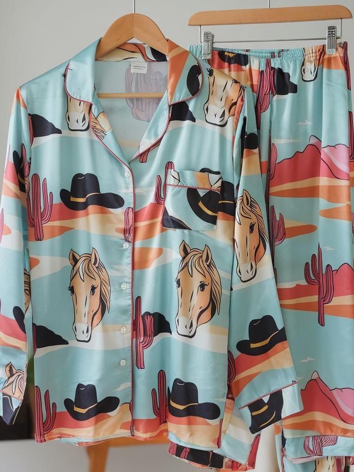 Sweet Cowgirl Satin Pajamas Set, Cowgirl Pajamas, Cowboots and Horse Pajamas, Western Pajamas, Cowboy Pajamas, Girly Matching Pajamas Set