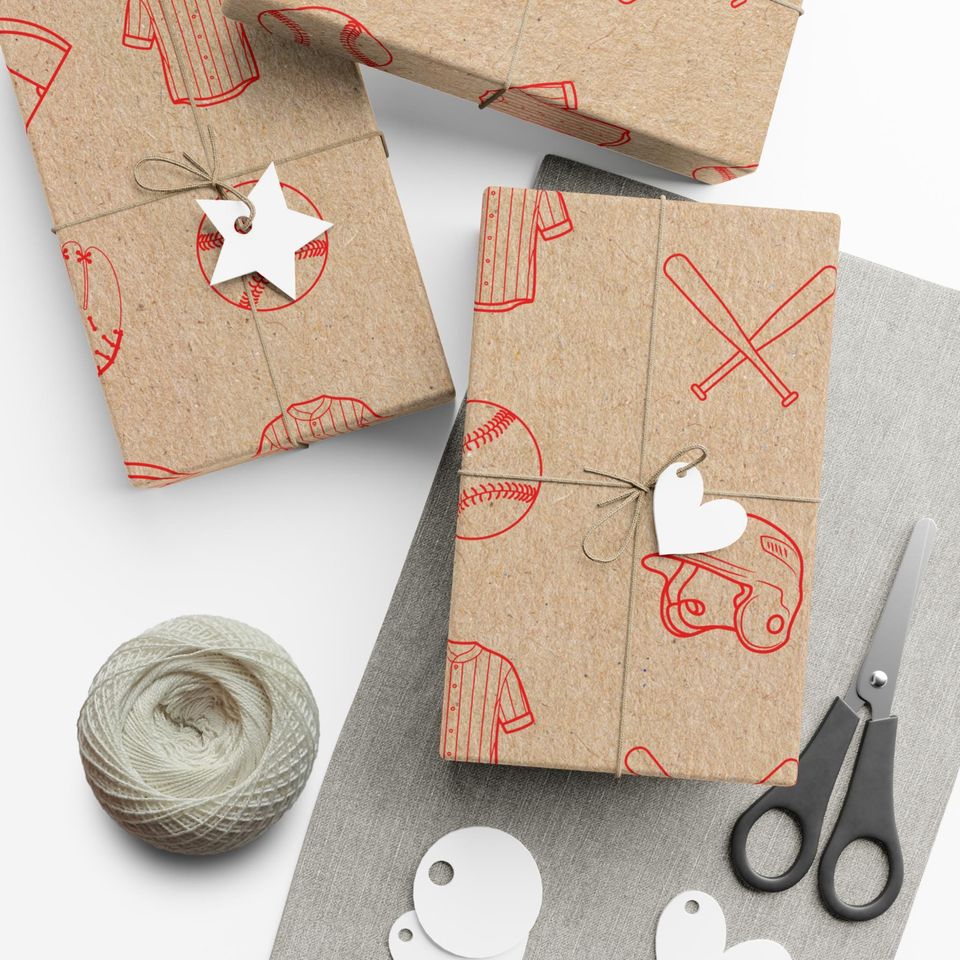 Baseball Wrapping Paper, Gift Wrap in Brown & Red