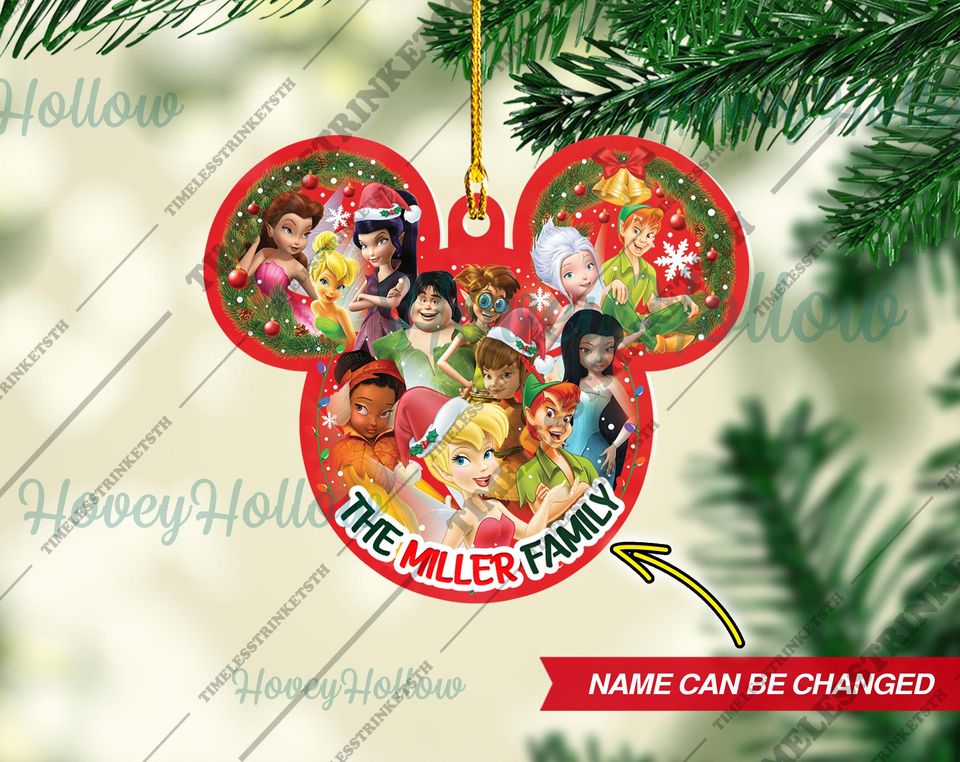 Personalized Tinker Bell & Peter Pan Ornament | Custom Family Name Mickey Head Christmas Decoration | Disney Holiday Tree Gift