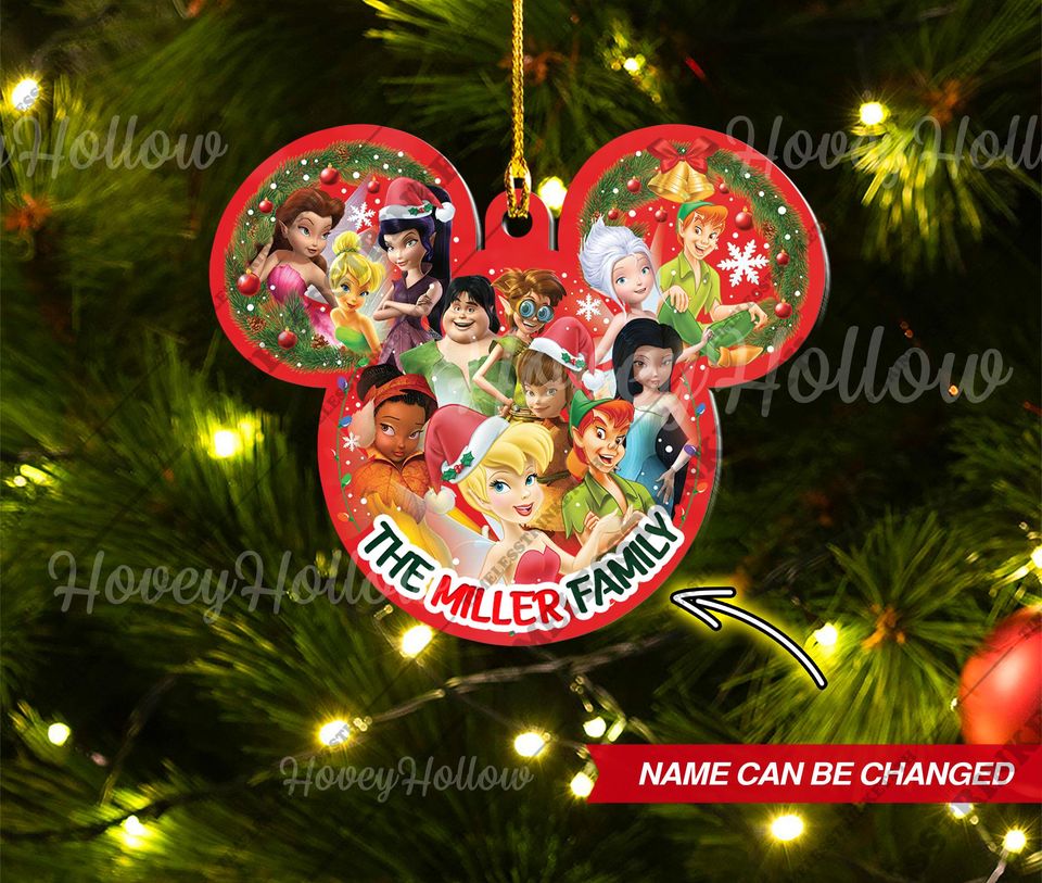 Personalized Tinker Bell & Peter Pan Ornament | Custom Family Name Mickey Head Christmas Decoration | Disney Holiday Tree Gift