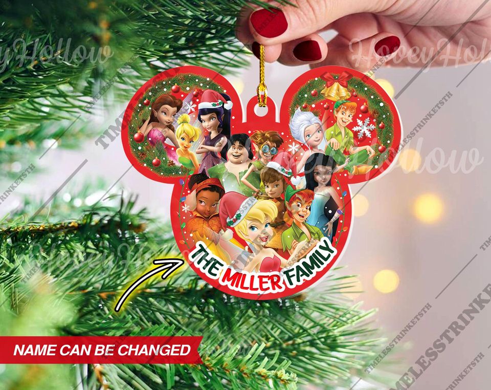 Personalized Tinker Bell & Peter Pan Ornament | Custom Family Name Mickey Head Christmas Decoration | Disney Holiday Tree Gift