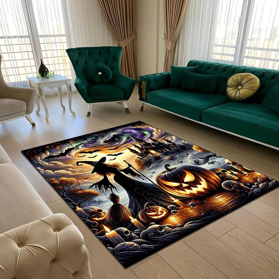 Haunted Halloween Witch Rug with Gothic Castle, Pumpkins & Bats