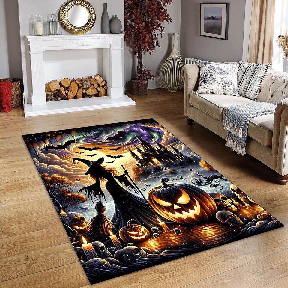 Haunted Halloween Witch Rug with Gothic Castle, Pumpkins & Bats