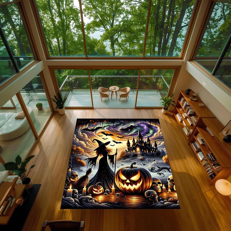Haunted Halloween Witch Rug with Gothic Castle, Pumpkins & Bats