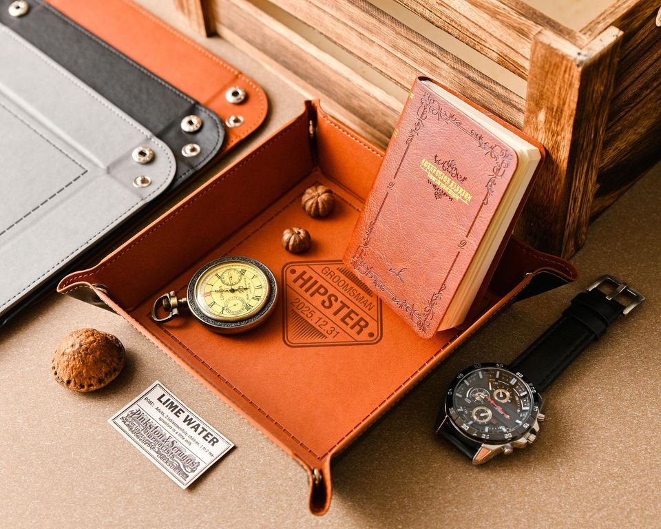 Personalized leather trays, custom engraved leather storage trays, groomsmen gift trays