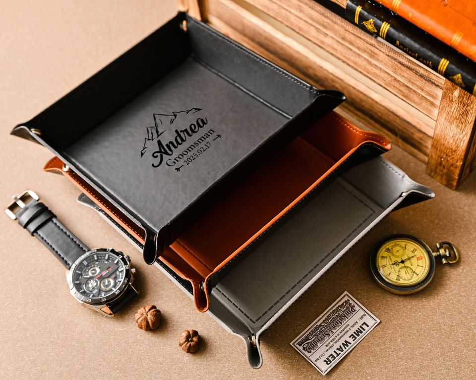 Personalized leather trays, custom engraved leather storage trays, groomsmen gift trays