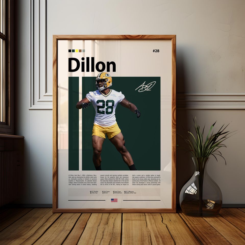 A. J. Dillon Poster, Green Bay Print, football Poster, Sports Poster, football Fans, Football Poster, football Wall Art, Sports Bedroom Poster