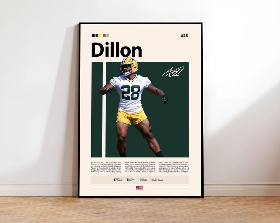 A. J. Dillon Poster, Green Bay Print, football Poster, Sports Poster, football Fans, Football Poster, football Wall Art, Sports Bedroom Poster