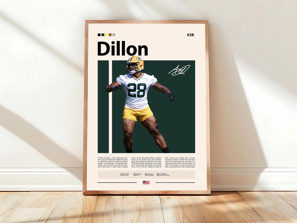 A. J. Dillon Poster, Green Bay Print, football Poster, Sports Poster, football Fans, Football Poster, football Wall Art, Sports Bedroom Poster