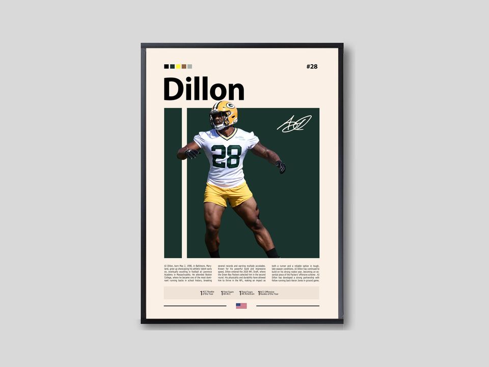 A. J. Dillon Poster, Green Bay Print, football Poster, Sports Poster, football Fans, Football Poster, football Wall Art, Sports Bedroom Poster