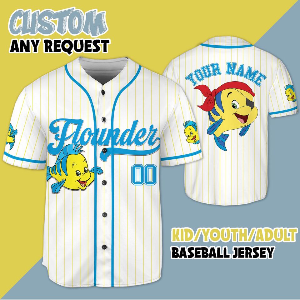 Personalized Flounder The Little Mermaid Baseball Jersey, Custom Flounder Baseball Jersey, The Little Mermaid Baseball Jersey