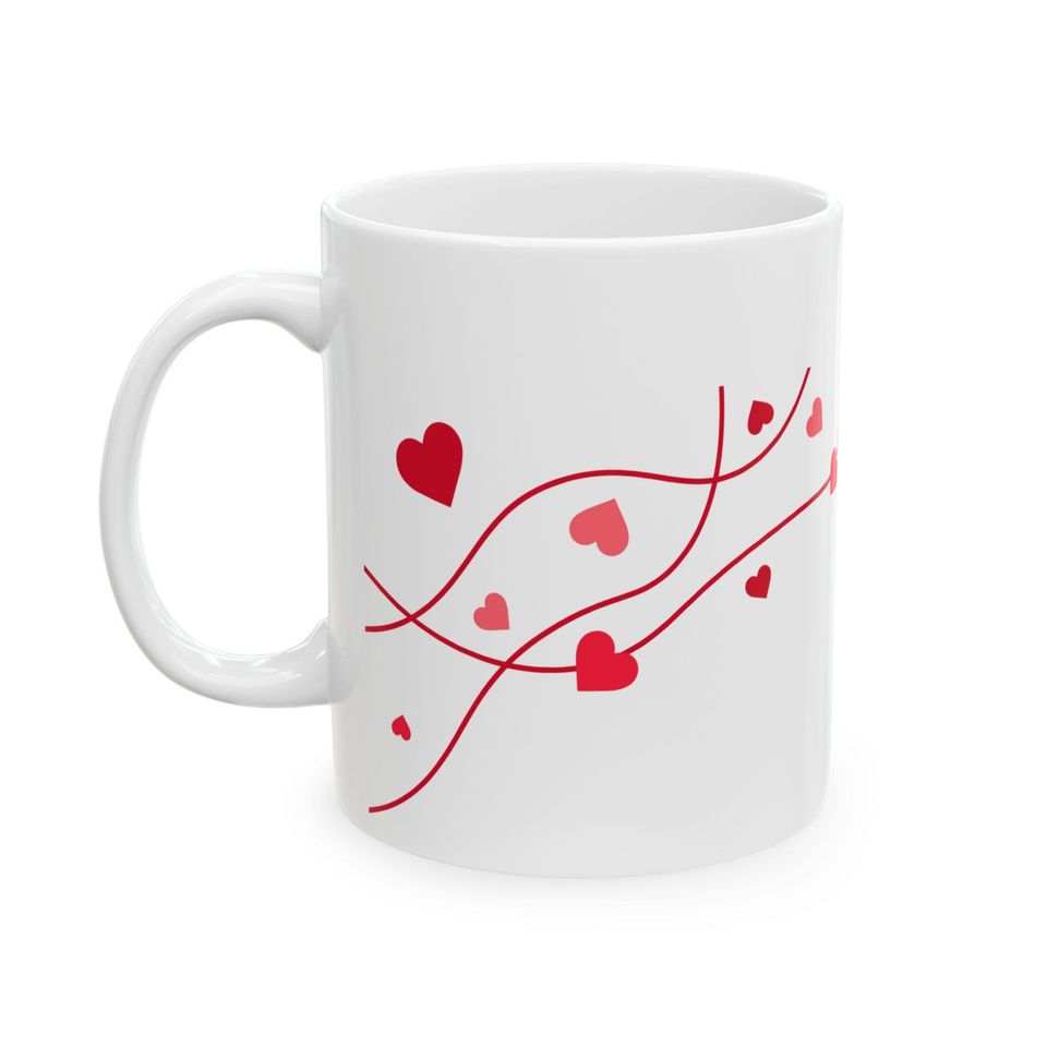 Red Heart Vine Pattern Ceramic Mug for Coffee and Tea