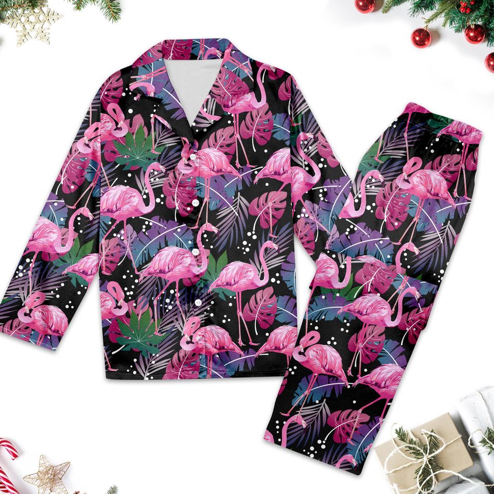 Flamingo Pajamas Set, Flamingo Button Up Shirt, Pink Flamingo Family Matching Pajamas