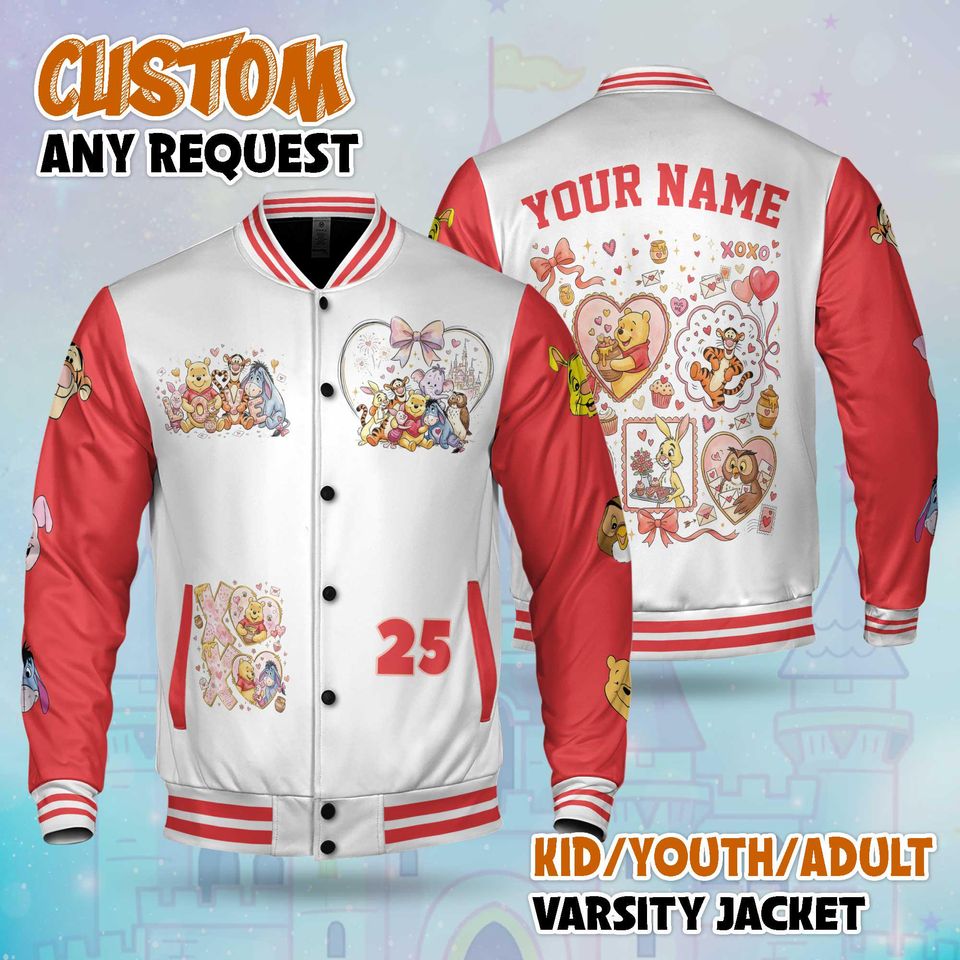 Custom Winnie the Pooh Valentines Day Varsity Jacket, Personalized Winnie the Pooh Baseball Shirt, Valentine Gift