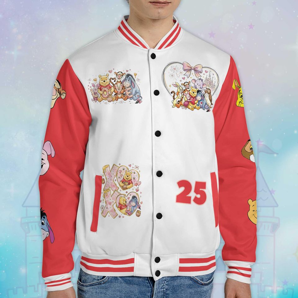 Custom Winnie the Pooh Valentines Day Varsity Jacket, Personalized Winnie the Pooh Baseball Shirt, Valentine Gift