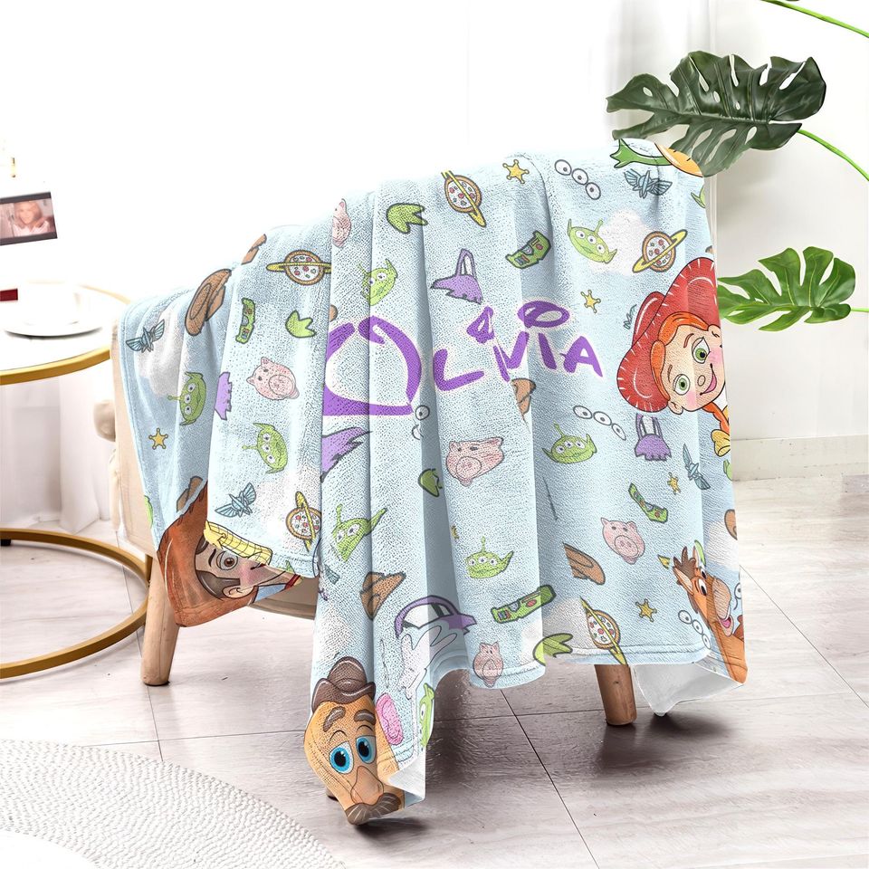 Personalized Toy Story Blanket, Custom Name Woody Buzz Lightyear Jessie Toy Story Blanket