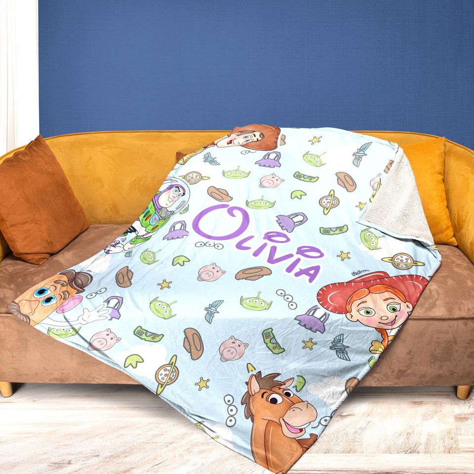 Personalized Toy Story Blanket, Custom Name Woody Buzz Lightyear Jessie Toy Story Blanket