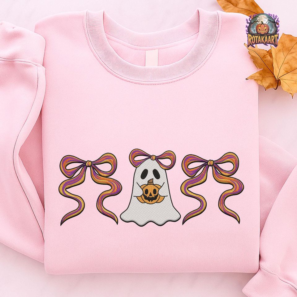 Ghost Bow Embroidered Sweatshirt, Ghost Coquette Embroidered Shirt, Spooky Boo Coquette Shirt, Coquette Bow Halloween Embroidery