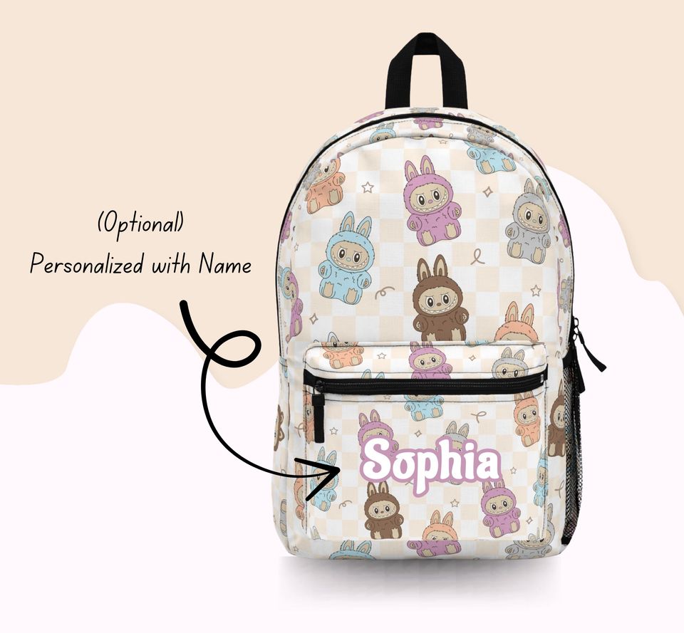 Personalized Labubu Gingham Backpack - Cute School Bag for Girls