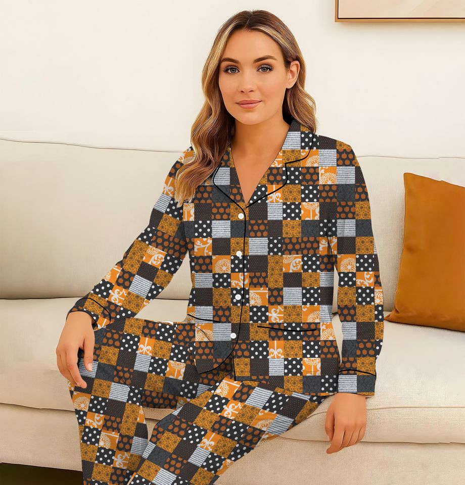 Plaid Patchwork Halloween Pajama Set, Black and Orange Sleepwear