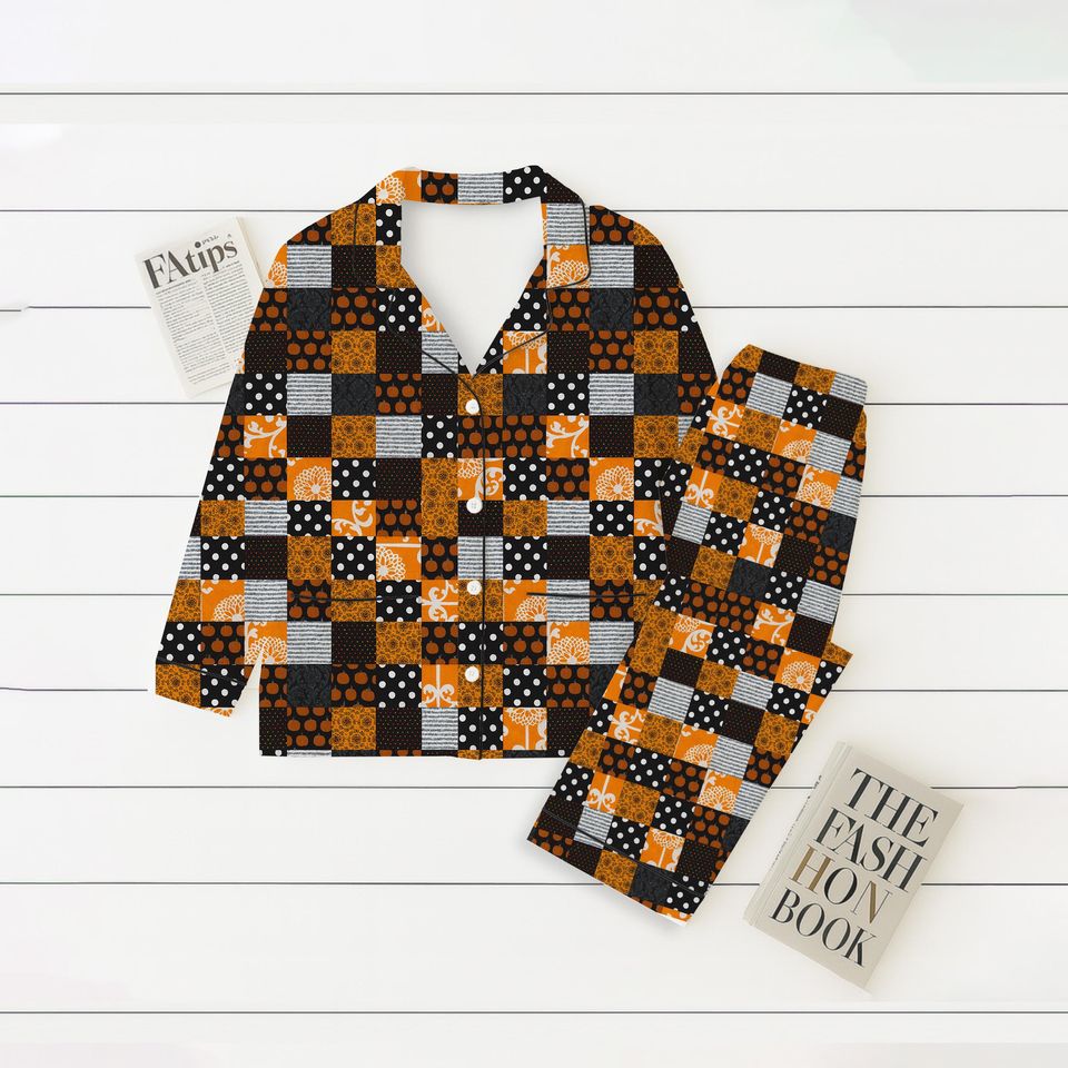 Plaid Patchwork Halloween Pajama Set, Black and Orange Sleepwear