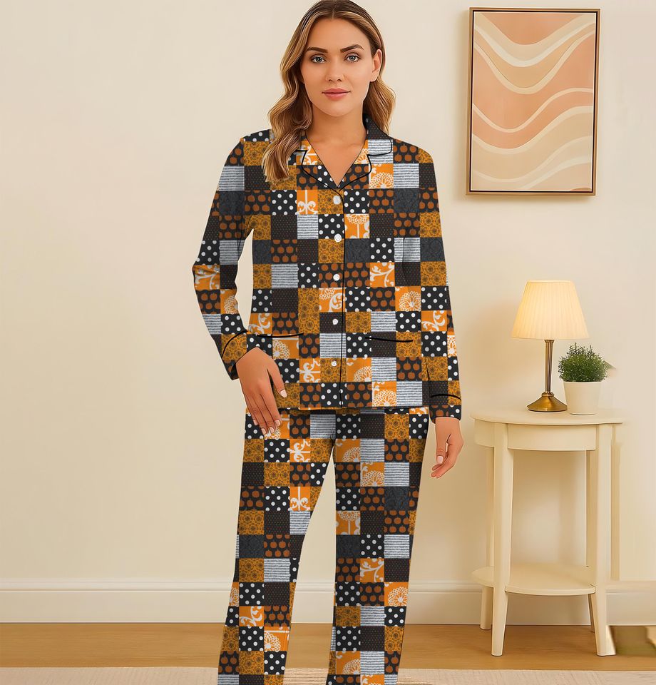 Plaid Patchwork Halloween Pajama Set, Black and Orange Sleepwear
