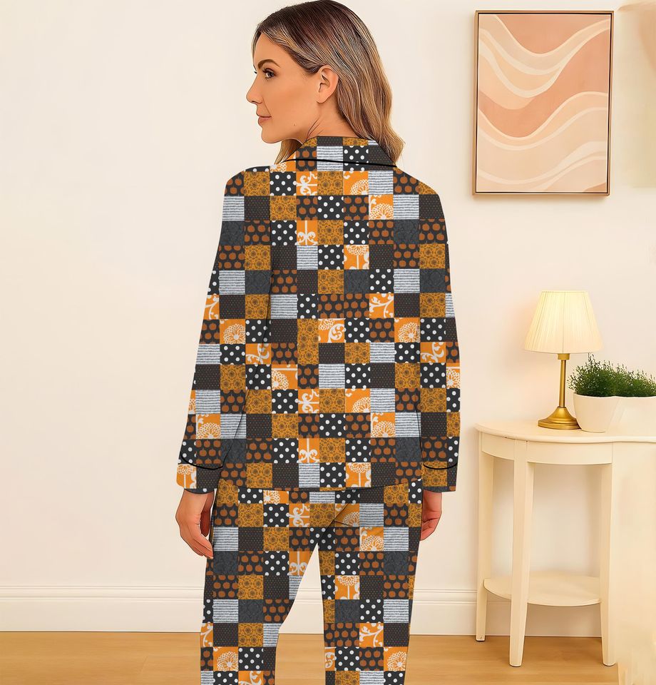 Plaid Patchwork Halloween Pajama Set, Black and Orange Sleepwear