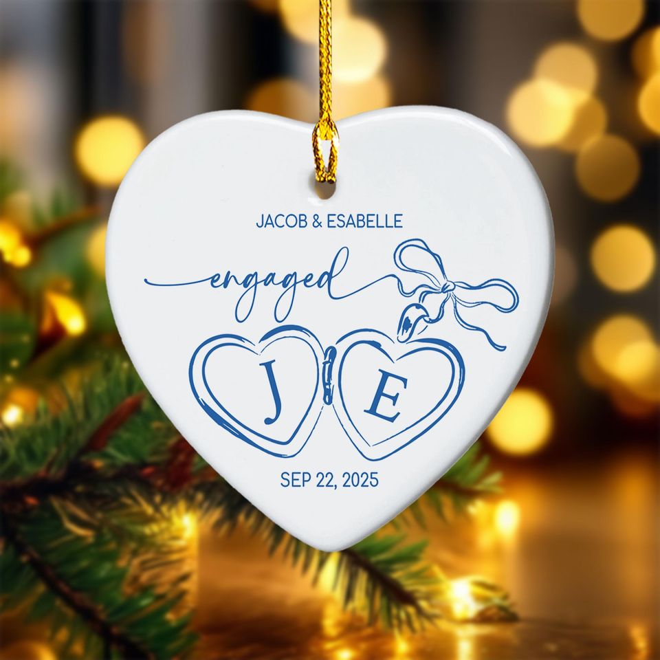 Custom Engagement Ornament, Engaged Locket Bow Christmas Ornament