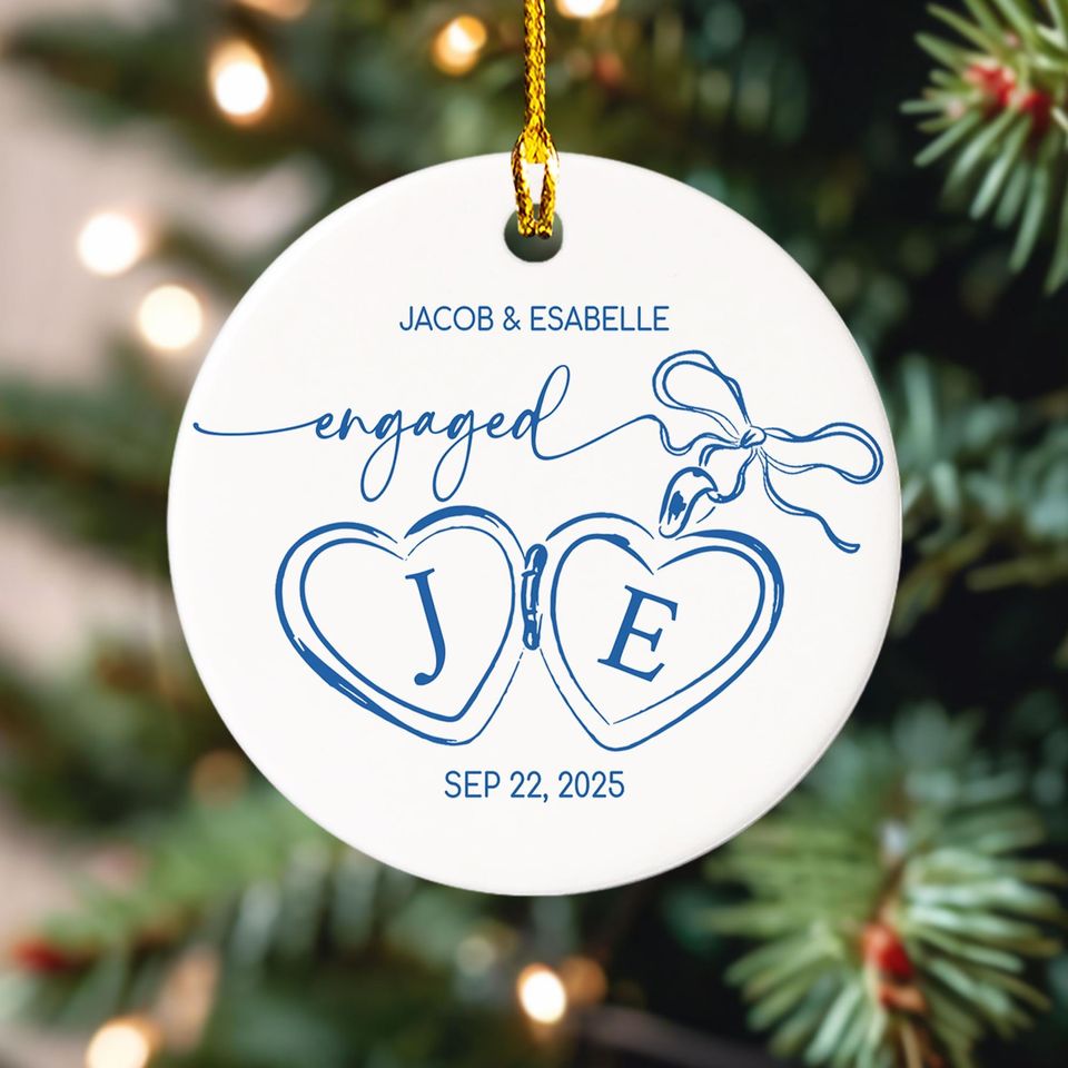 Custom Engagement Ornament, Engaged Locket Bow Christmas Ornament
