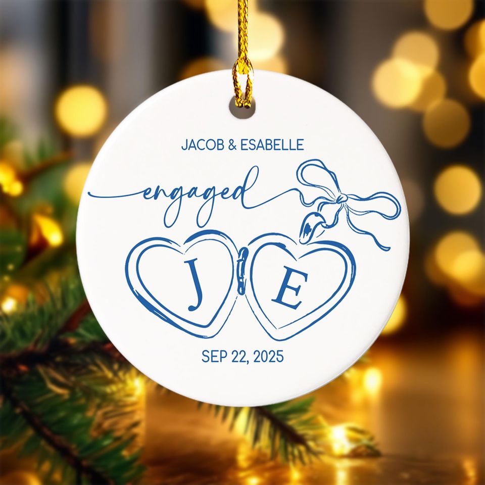 Custom Engagement Ornament, Engaged Locket Bow Christmas Ornament