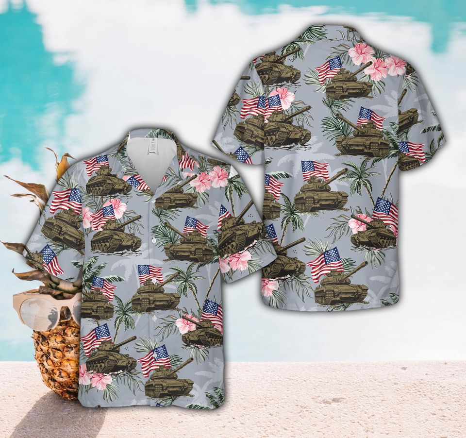 Military Tank & American Flag Hawaiian Shirt For Men Women, Tropical Floral Patriotic Button Up Shirt, Memorial Day Summer Party Aloha Shirt