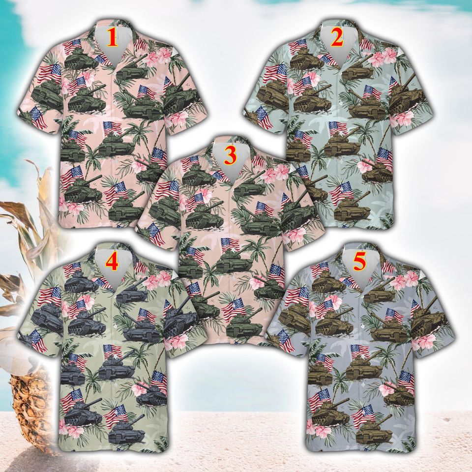 Military Tank & American Flag Hawaiian Shirt For Men Women, Tropical Floral Patriotic Button Up Shirt, Memorial Day Summer Party Aloha Shirt