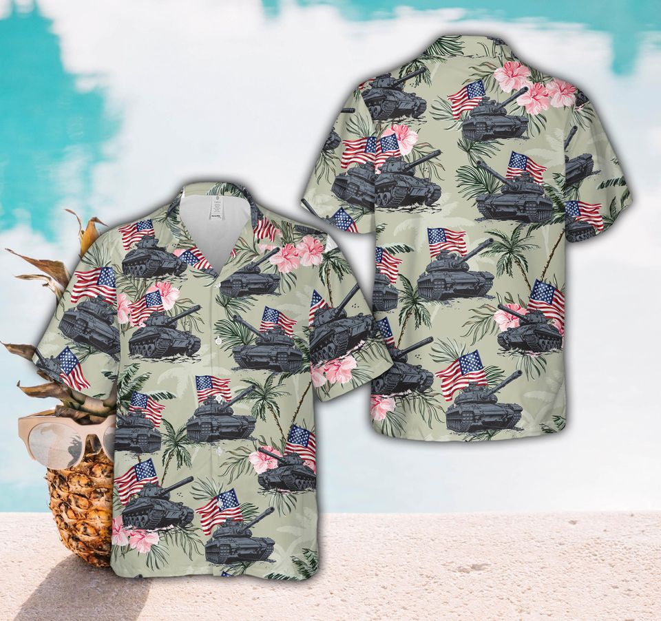 Military Tank & American Flag Hawaiian Shirt For Men Women, Tropical Floral Patriotic Button Up Shirt, Memorial Day Summer Party Aloha Shirt