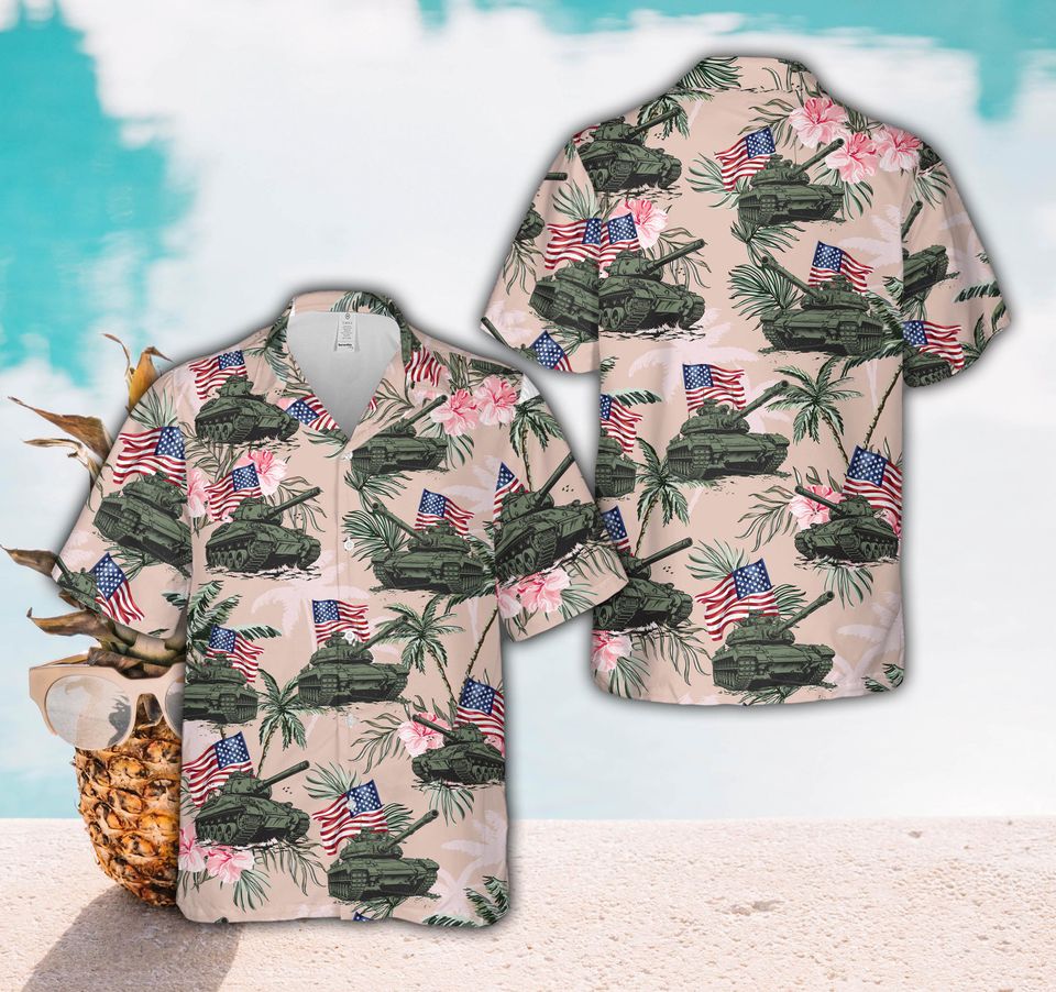 Military Tank & American Flag Hawaiian Shirt For Men Women, Tropical Floral Patriotic Button Up Shirt, Memorial Day Summer Party Aloha Shirt