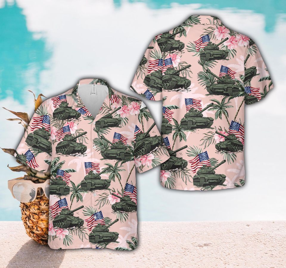 Military Tank & American Flag Hawaiian Shirt For Men Women, Tropical Floral Patriotic Button Up Shirt, Memorial Day Summer Party Aloha Shirt