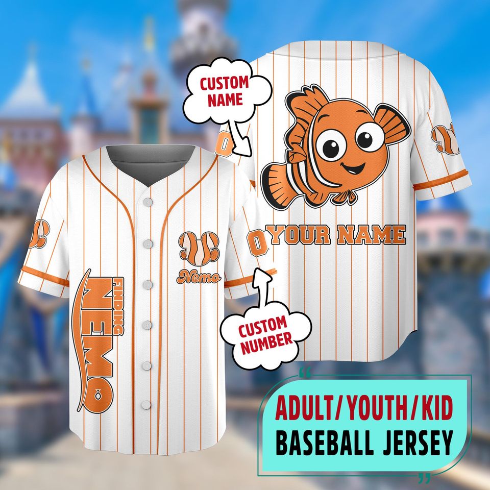 Personalized Finding Nemo White Orange Cartoon Jersey, Custom Nemo Baseball Jersey, Finding Nemo Jersey Team, Gift For Fan