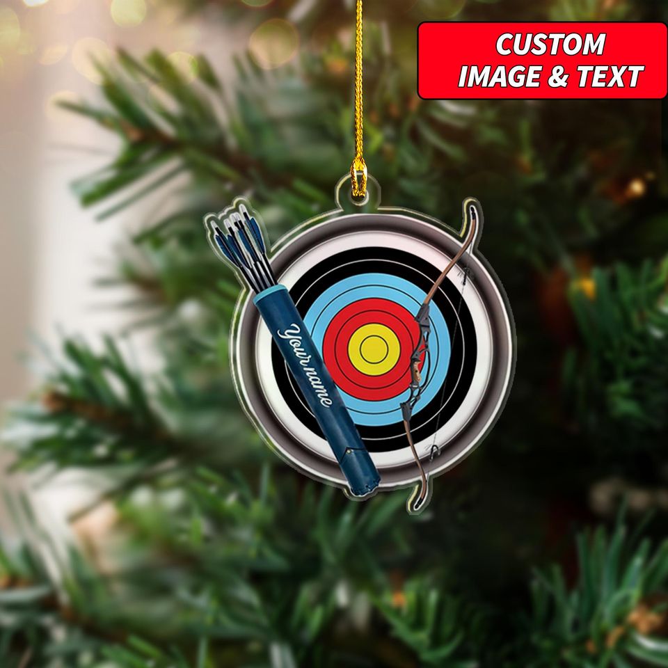 Custom Image And Text Bow And Arrow Ornament, Personalized Archery Ornament