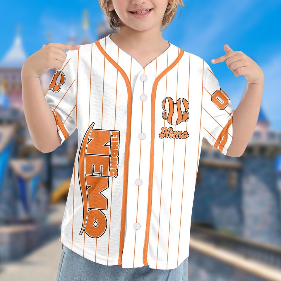 Personalized Finding Nemo White Orange Cartoon Jersey, Custom Nemo Baseball Jersey, Finding Nemo Jersey Team, Gift For Fan