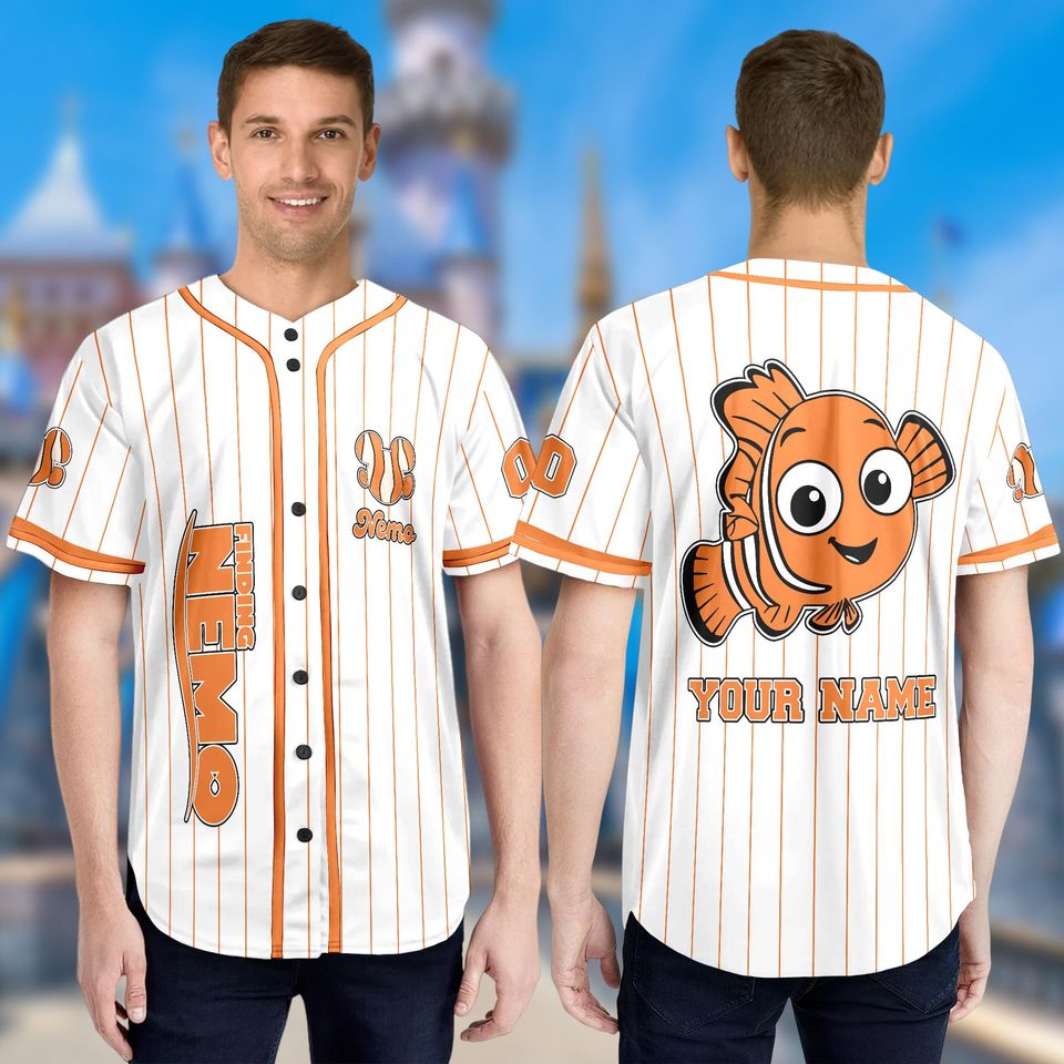 Personalized Finding Nemo White Orange Cartoon Jersey, Custom Nemo Baseball Jersey, Finding Nemo Jersey Team, Gift For Fan