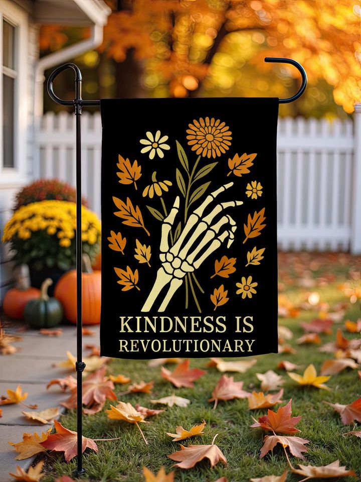 Fall Halloween Garden Flag, Spooky Skeleton Hand with Wildflowers