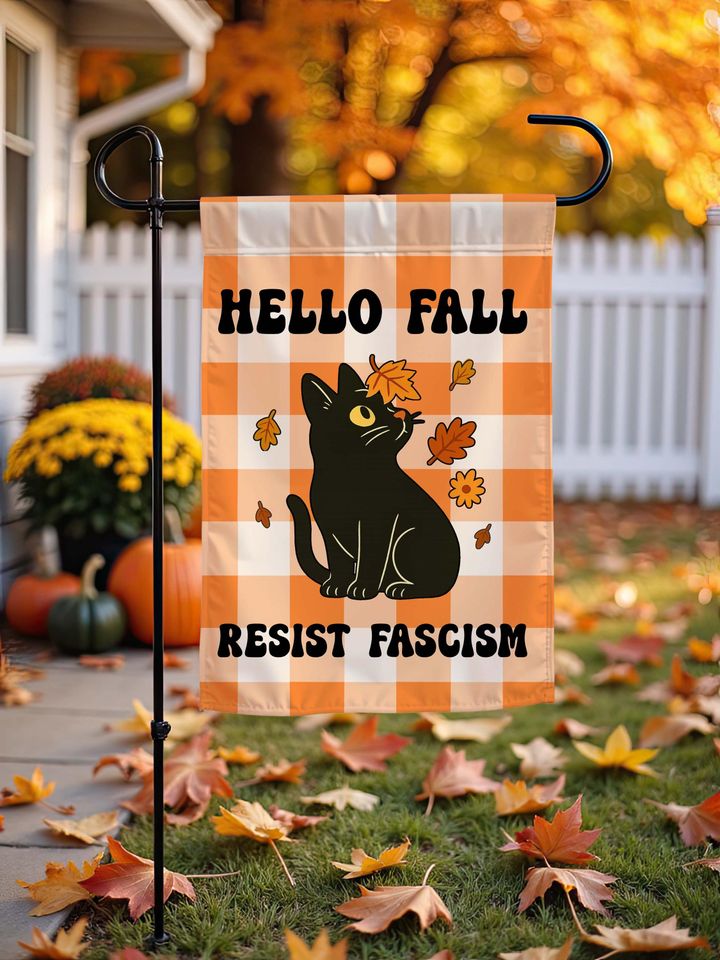 Black Cat with Falling Leaves Garden Flag