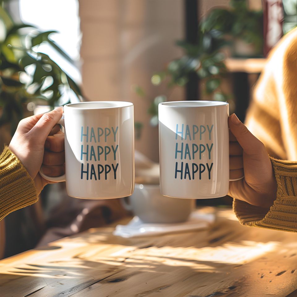 Happy Happy Happy Quote Mug Ceramic Coffee Cup Positive Vibes Gift