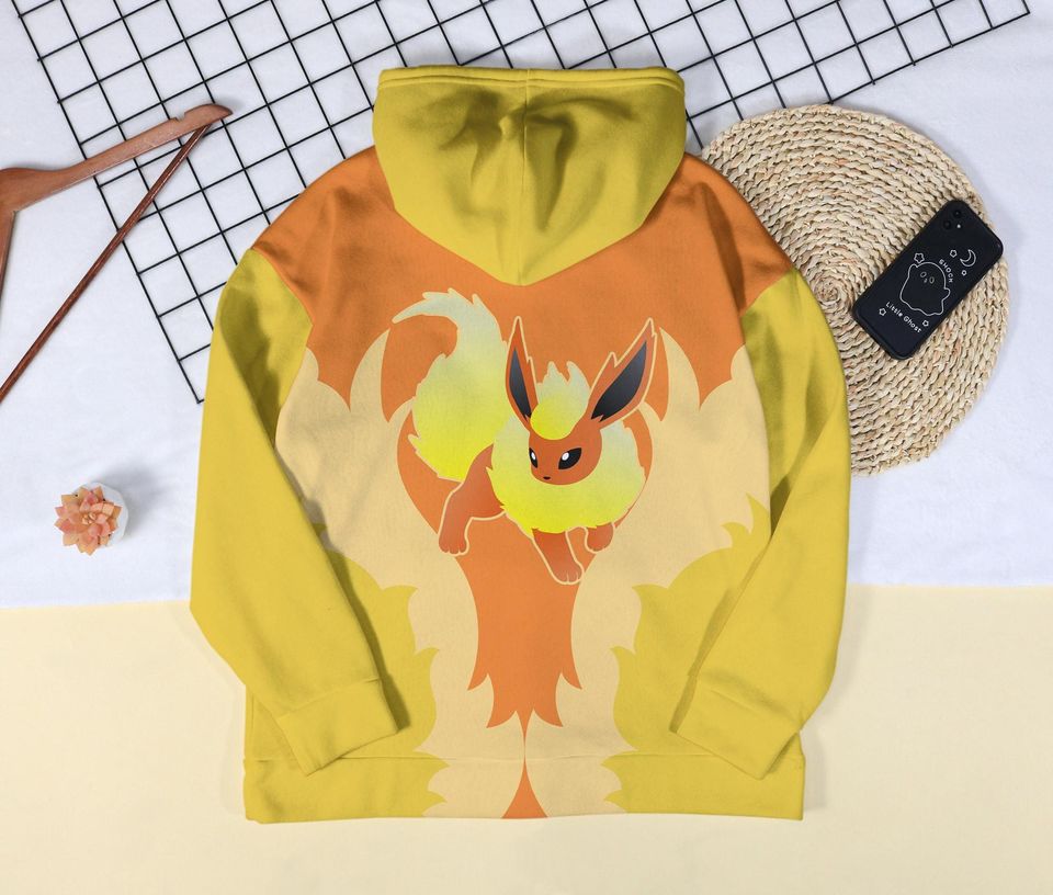 Flareon Fire Print Hoodie Unisex Pullover, Eevee Evolution 3D Hoodie