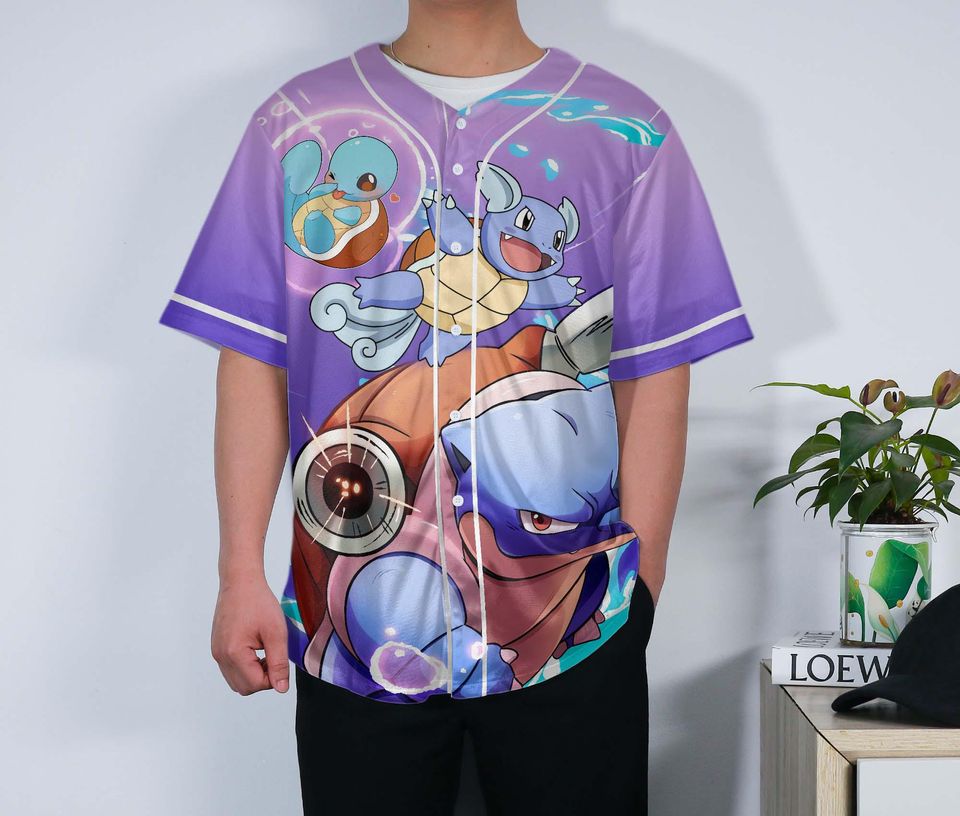 Blastoise Baseball Jersey – Squirtle-Inspired Unisex Button-Up, Water-Type Anime Beach Gift